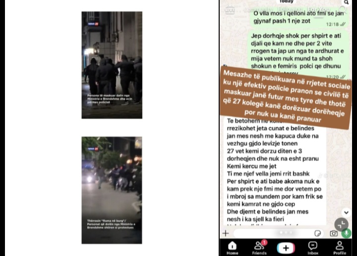 Civilët me maska që veprojnë mes policëve dhe më pas shpërndahen në turmë