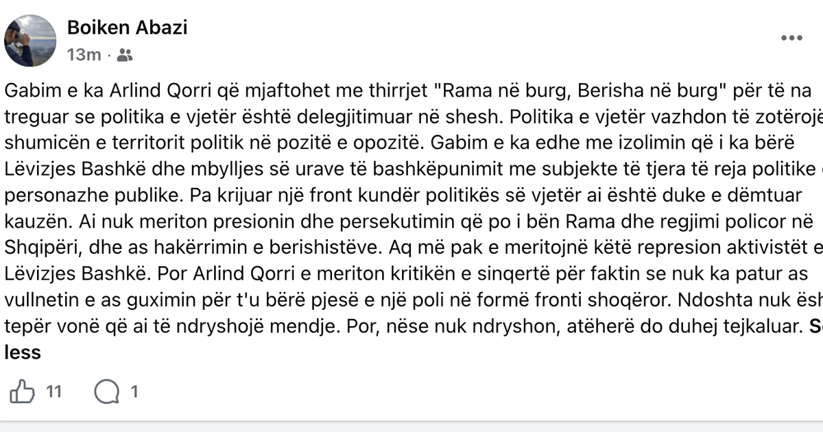 Vetëvendosja kundër Lëvizjes Bashkë, ish-kreu i LVV-së në Shqipëri sulmon Arlind Qorin